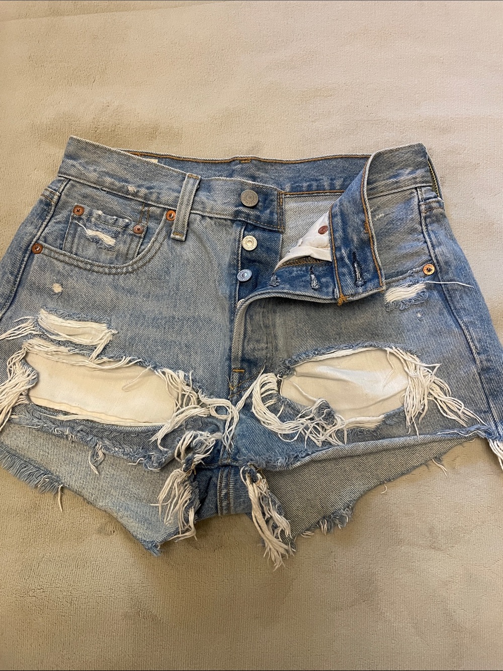 Levi's Light Blue Distressed High-Rise Denim Shorts
